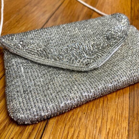 Vintage Andre Cellini Silver Beaded purse with Satin Rope Strap - Picture 14 of 16